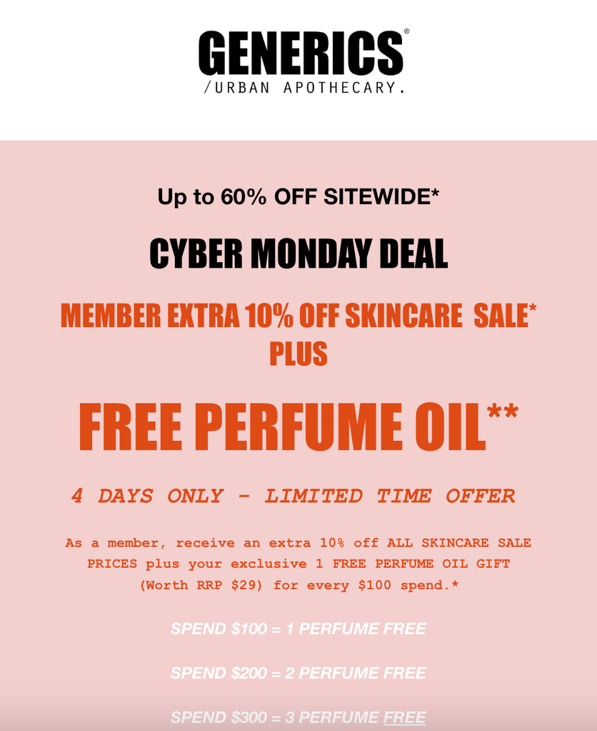 CYBER MONDAY DEAL - Members Extra 10% off Skincare & Free Perfume Oil Gift with Spend